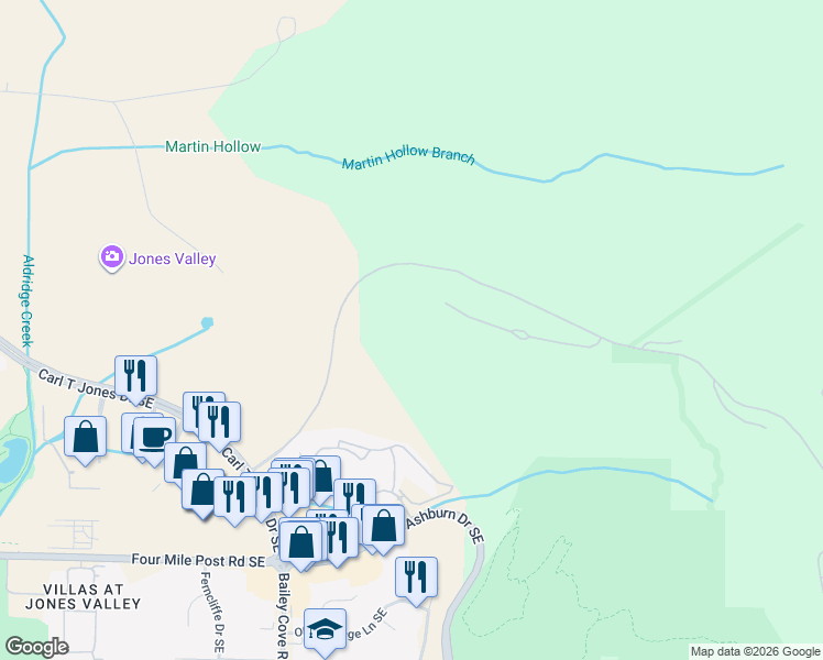 map of restaurants, bars, coffee shops, grocery stores, and more near 4950 Ledges Drive in Huntsville
