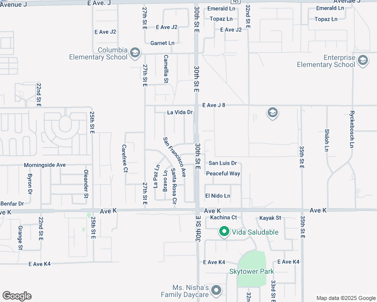 map of restaurants, bars, coffee shops, grocery stores, and more near 2831 San Miguel Drive in Lancaster
