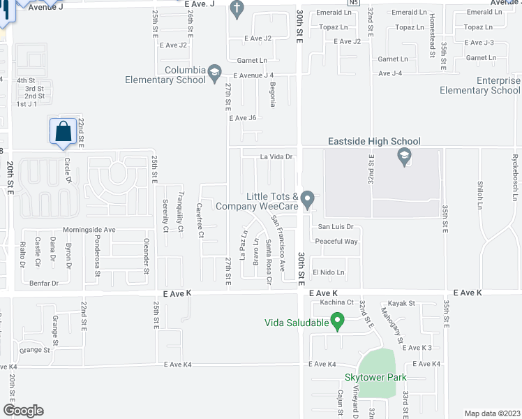 map of restaurants, bars, coffee shops, grocery stores, and more near 43813 San Francisco Avenue in Lancaster