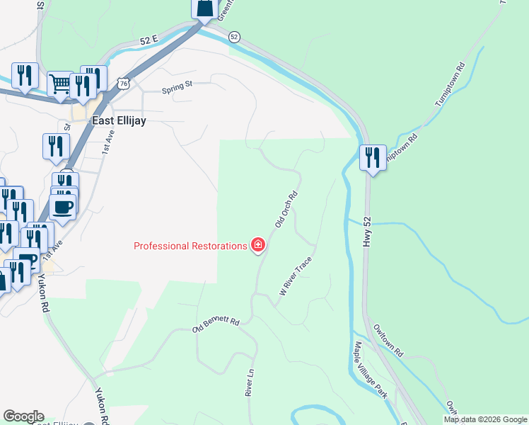 map of restaurants, bars, coffee shops, grocery stores, and more near 223 Old Orchard Road in Ellijay