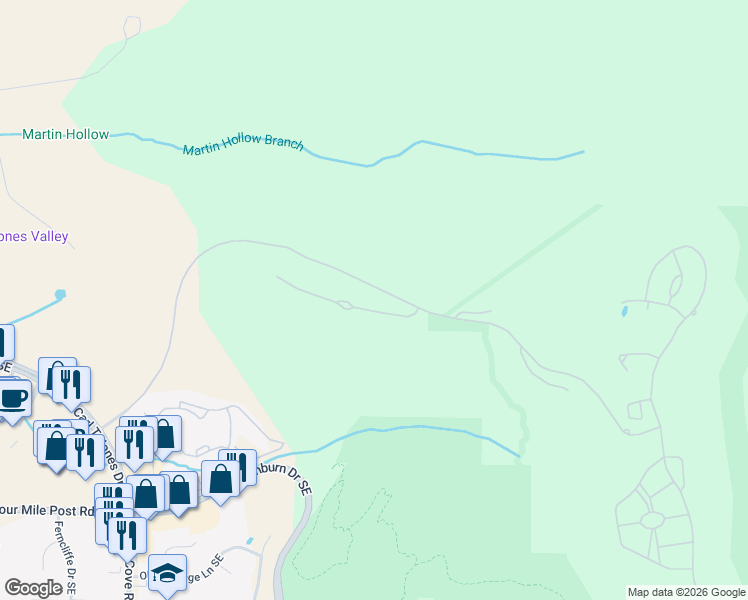 map of restaurants, bars, coffee shops, grocery stores, and more near 1609 Ledges Drive in Huntsville