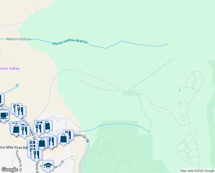map of restaurants, bars, coffee shops, grocery stores, and more near 1609 Ledges Drive in Huntsville