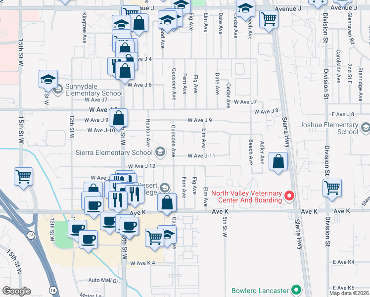 map of restaurants, bars, coffee shops, grocery stores, and more near 43848 Fern Avenue in Lancaster