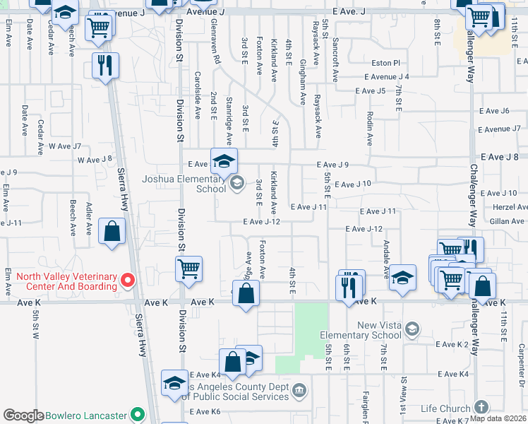 map of restaurants, bars, coffee shops, grocery stores, and more near 43814 3rd Street East in Lancaster