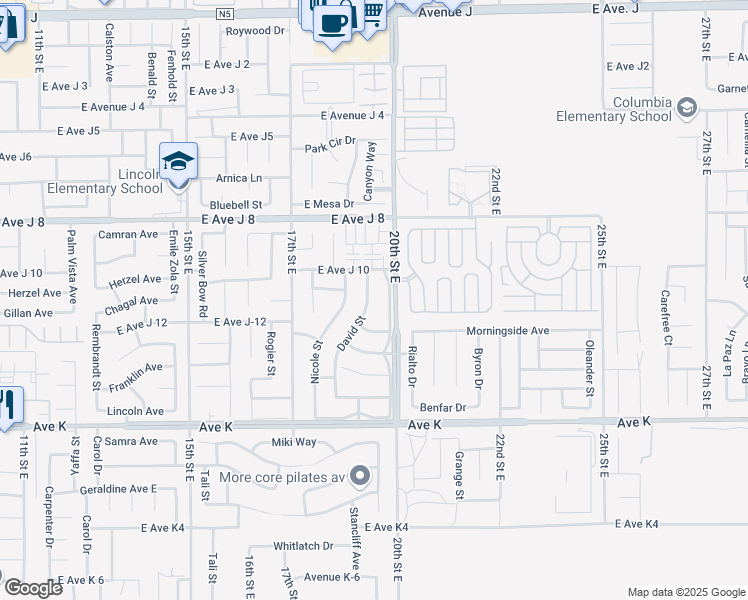 map of restaurants, bars, coffee shops, grocery stores, and more near 43832 David Street in Lancaster