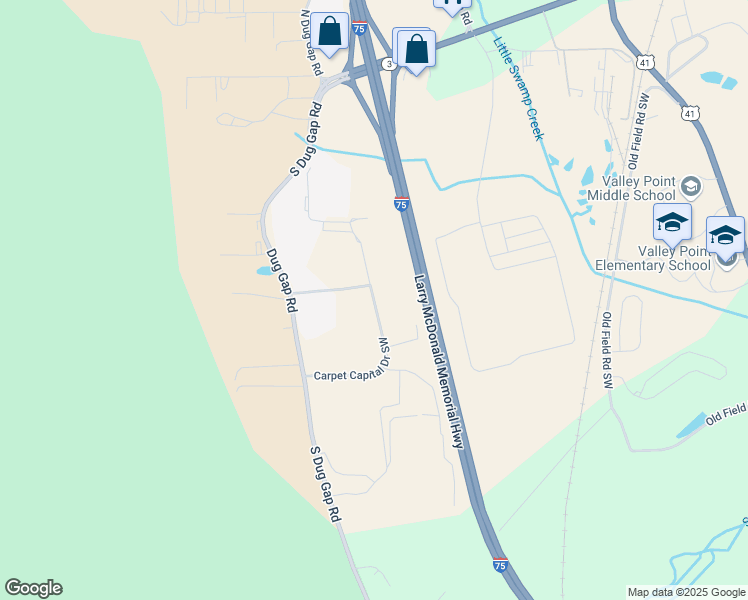 map of restaurants, bars, coffee shops, grocery stores, and more near 3369 Carpet Capital Drive Southwest in Dalton