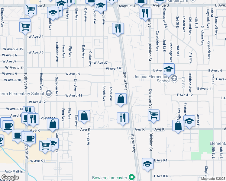 map of restaurants, bars, coffee shops, grocery stores, and more near 43850 Adler Avenue in Lancaster
