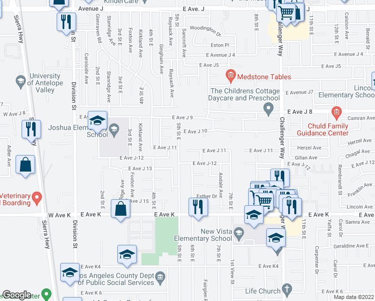 map of restaurants, bars, coffee shops, grocery stores, and more near 501 East Avenue J 11 in Lancaster