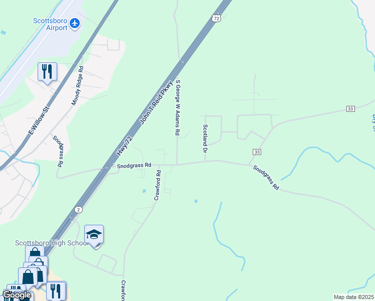 map of restaurants, bars, coffee shops, grocery stores, and more near 311 South George Adams Road in Scottsboro