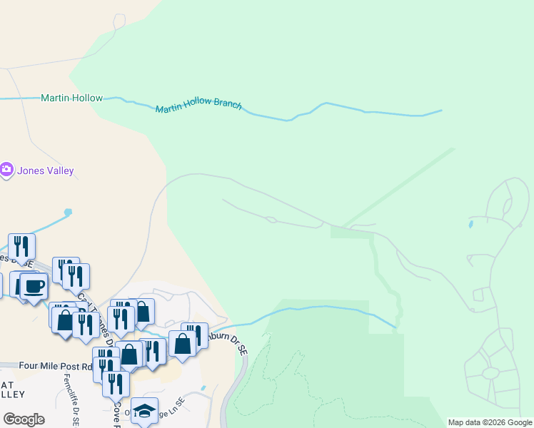 map of restaurants, bars, coffee shops, grocery stores, and more near 227-1561 Ledges Drive in Huntsville