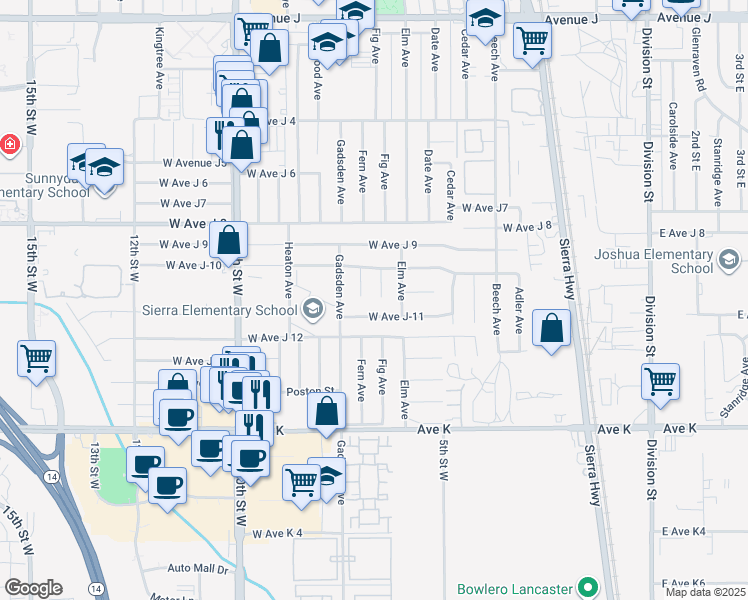map of restaurants, bars, coffee shops, grocery stores, and more near 43849 Fig Avenue in Lancaster