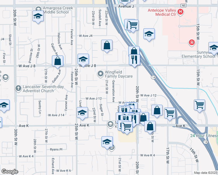 map of restaurants, bars, coffee shops, grocery stores, and more near 43854 21st Street West in Lancaster