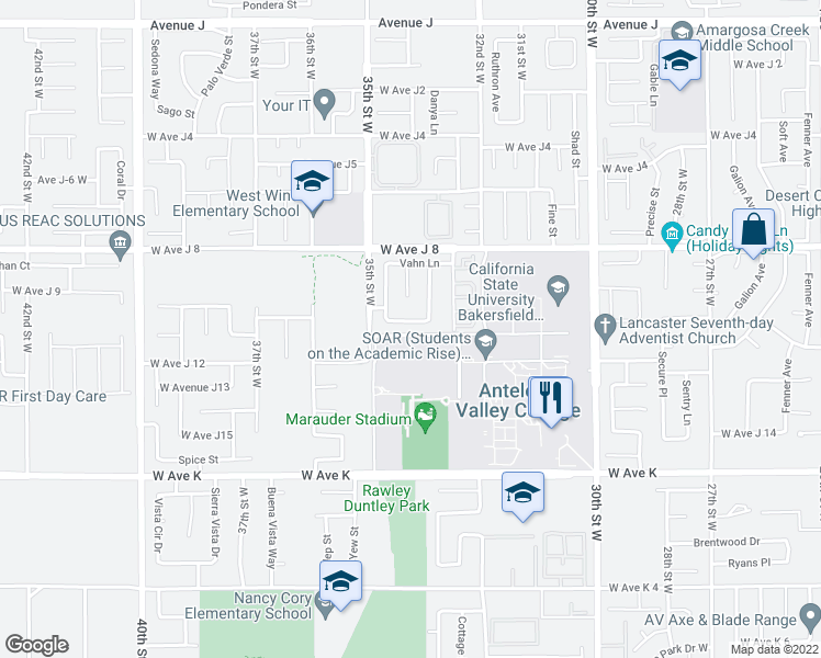map of restaurants, bars, coffee shops, grocery stores, and more near 3282 West Avenue J10 in Lancaster