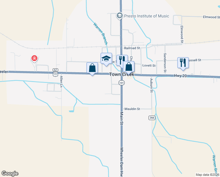 map of restaurants, bars, coffee shops, grocery stores, and more near 137 College Street in Town Creek