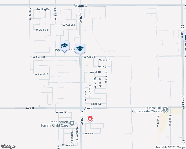 map of restaurants, bars, coffee shops, grocery stores, and more near 43839 58th Street West in Lancaster