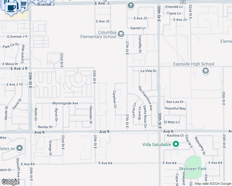 map of restaurants, bars, coffee shops, grocery stores, and more near 43834 Carefree Court in Lancaster