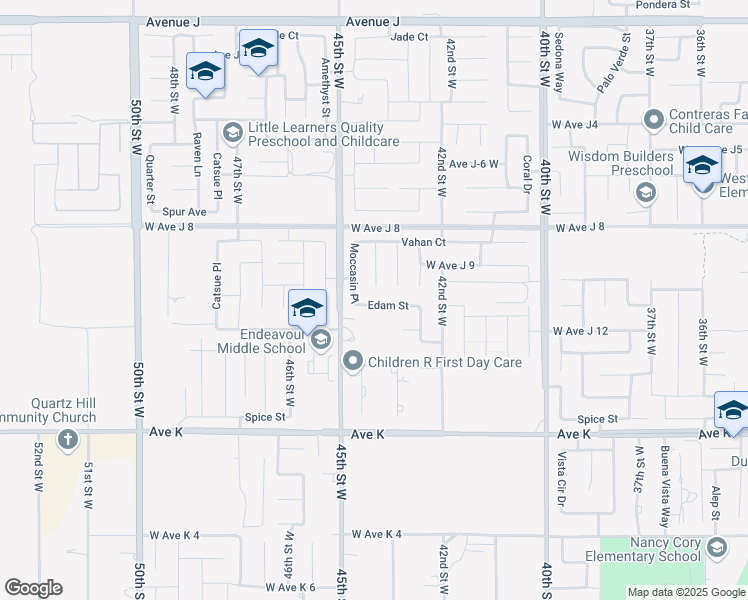 map of restaurants, bars, coffee shops, grocery stores, and more near 43881 44th Street West in Lancaster