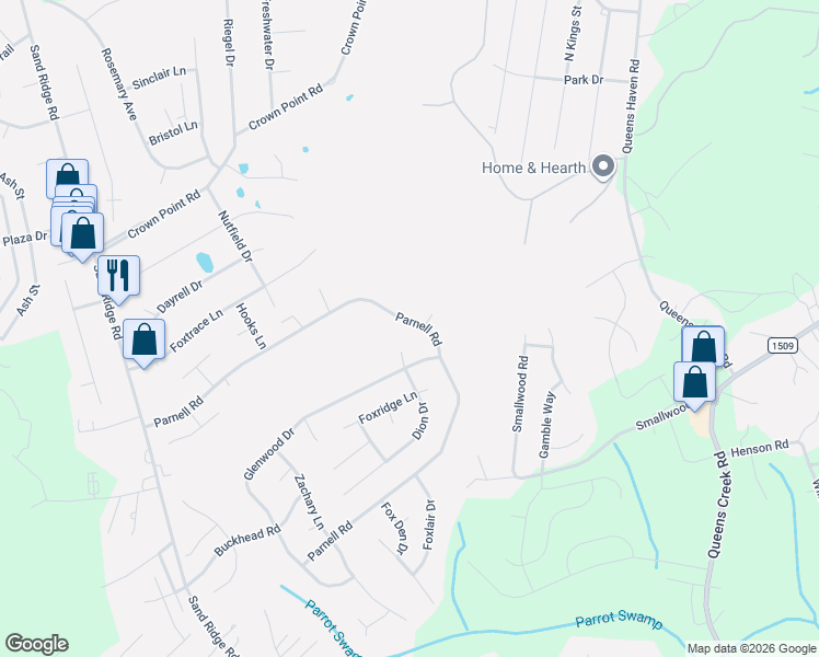 map of restaurants, bars, coffee shops, grocery stores, and more near 204 Parnell Road in Hubert