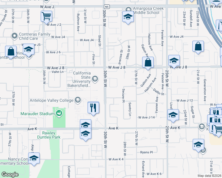 map of restaurants, bars, coffee shops, grocery stores, and more near 43853 Kennsington Place in Lancaster