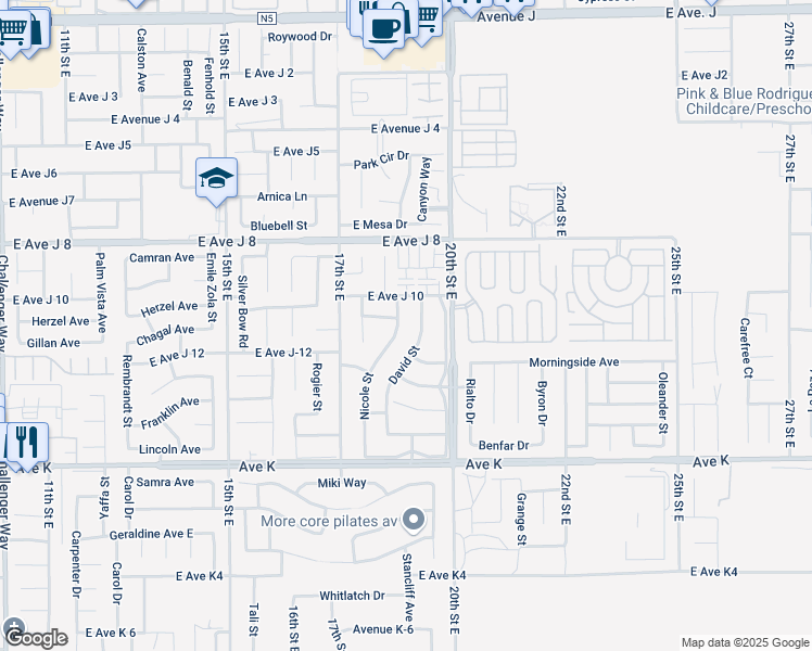 map of restaurants, bars, coffee shops, grocery stores, and more near 43844 Nicole Street in Lancaster