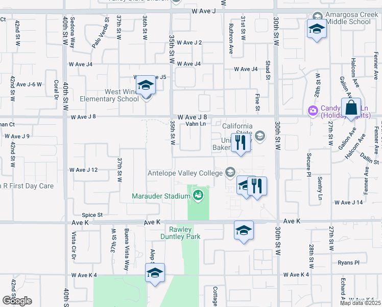 map of restaurants, bars, coffee shops, grocery stores, and more near 3303 West Avenue J-10 in Lancaster