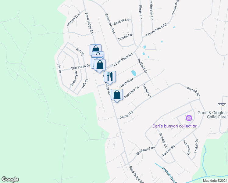 map of restaurants, bars, coffee shops, grocery stores, and more near 103 Dayrell Drive in Hubert