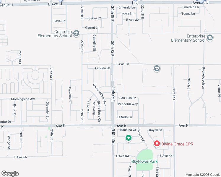 map of restaurants, bars, coffee shops, grocery stores, and more near 43841 30th Street East in Lancaster