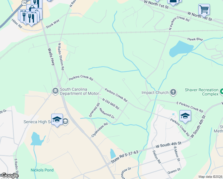 map of restaurants, bars, coffee shops, grocery stores, and more near 848 Perkins Creek Road in Seneca