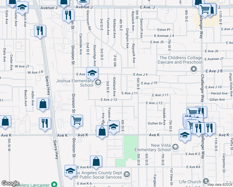 map of restaurants, bars, coffee shops, grocery stores, and more near 43820 Kirkland Avenue in Lancaster