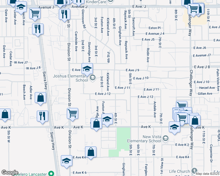 map of restaurants, bars, coffee shops, grocery stores, and more near 43820 Kirkland Avenue in Lancaster
