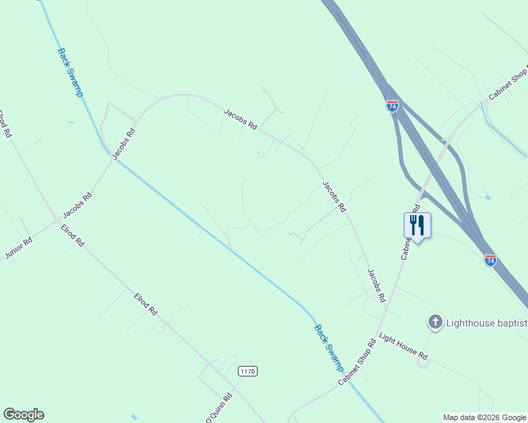 map of restaurants, bars, coffee shops, grocery stores, and more near 561 Jacobs Road in Maxton