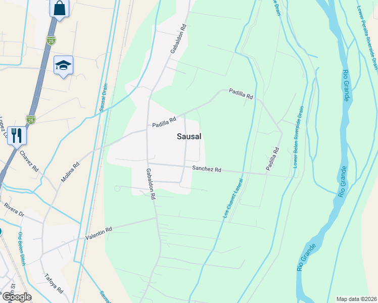 map of restaurants, bars, coffee shops, grocery stores, and more near 1225 Silva Road in Belen