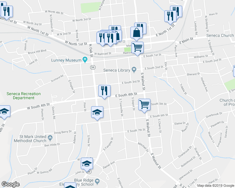 map of restaurants, bars, coffee shops, grocery stores, and more near 310 South Townville Street in Seneca