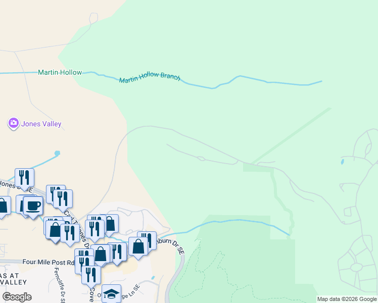 map of restaurants, bars, coffee shops, grocery stores, and more near 227-1561 Ledges Drive in Huntsville