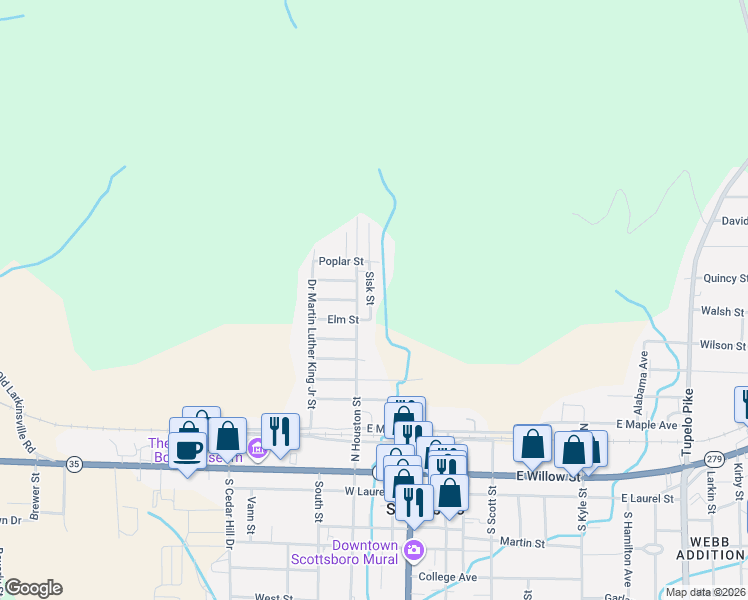 map of restaurants, bars, coffee shops, grocery stores, and more near 902 North Houston Street in Scottsboro