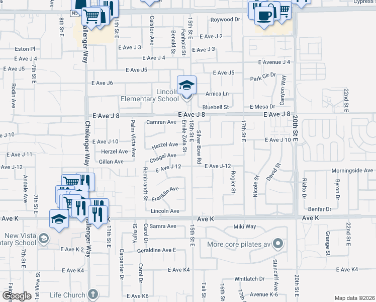map of restaurants, bars, coffee shops, grocery stores, and more near 43836 Emile Zola Street in Lancaster