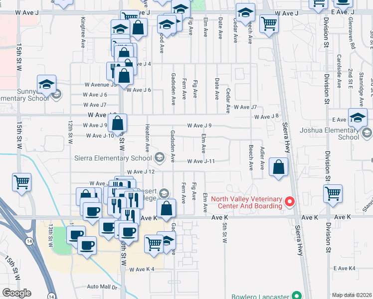 map of restaurants, bars, coffee shops, grocery stores, and more near 43854 Fern Avenue in Lancaster
