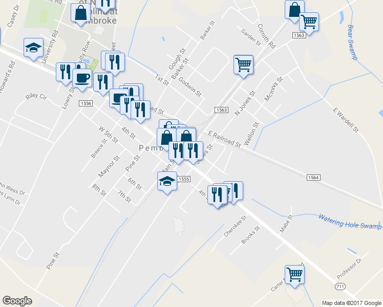 map of restaurants, bars, coffee shops, grocery stores, and more near 201 Union Chapel Road in Pembroke