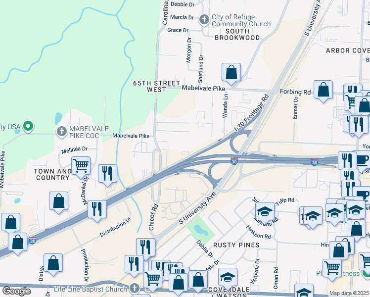 map of restaurants, bars, coffee shops, grocery stores, and more near 9110 Interstate 30 in Little Rock