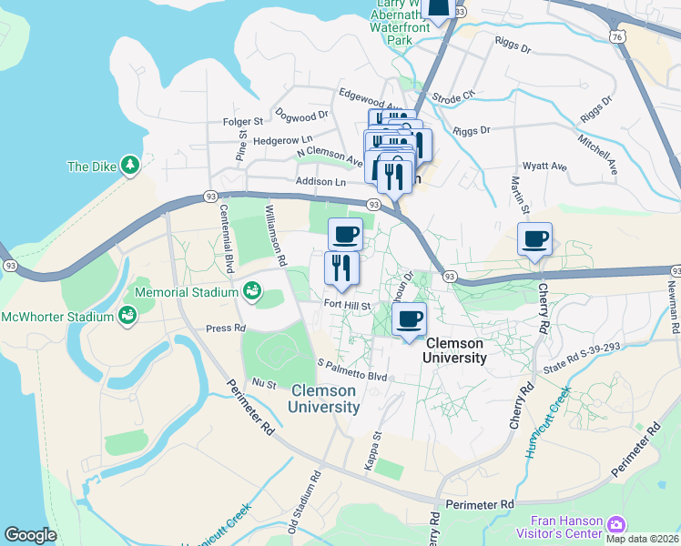 map of restaurants, bars, coffee shops, grocery stores, and more near Klugh Avenue in Clemson