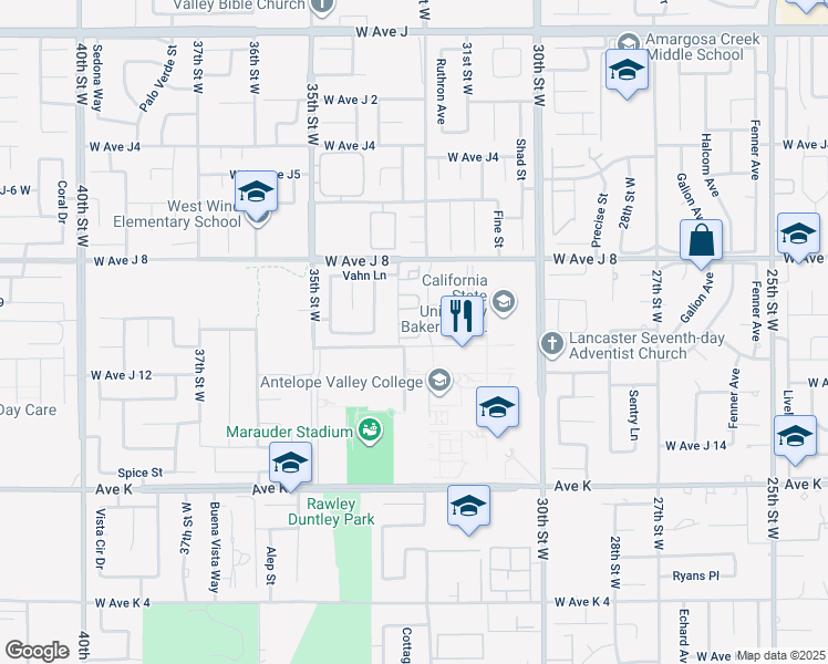 map of restaurants, bars, coffee shops, grocery stores, and more near 3041 West Avenue K in Lancaster