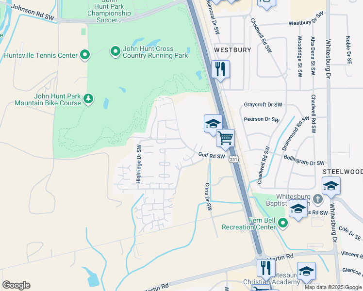 map of restaurants, bars, coffee shops, grocery stores, and more near 2323 Golf Road Southwest in Huntsville