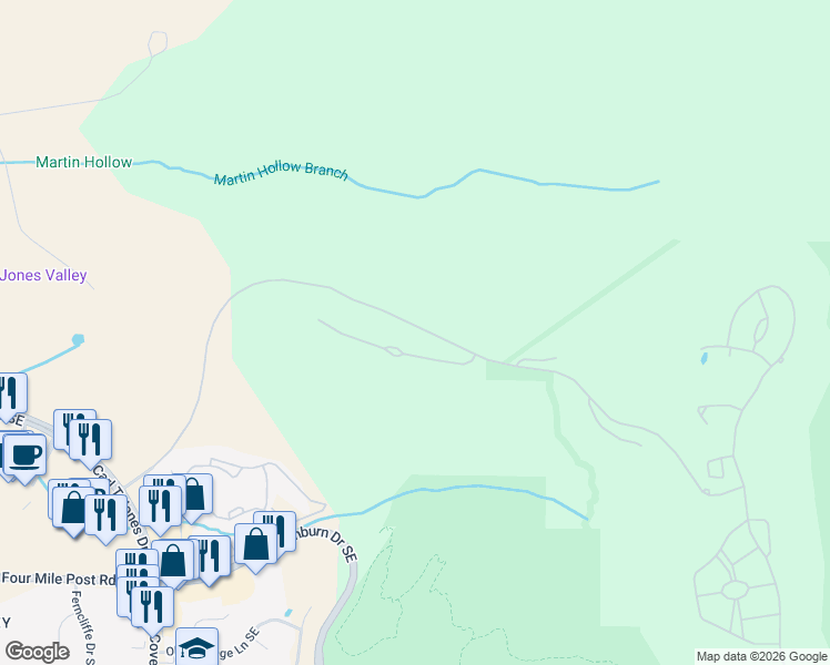 map of restaurants, bars, coffee shops, grocery stores, and more near 1609 Ledges Drive in Huntsville
