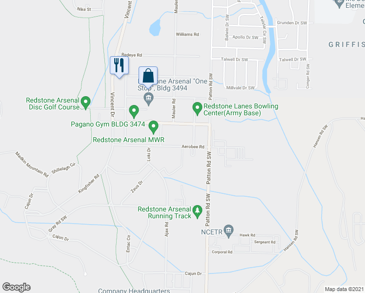 map of restaurants, bars, coffee shops, grocery stores, and more near Aerobee Road in Huntsville