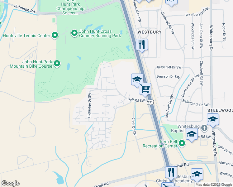 map of restaurants, bars, coffee shops, grocery stores, and more near 2323 Golf Road Southwest in Huntsville