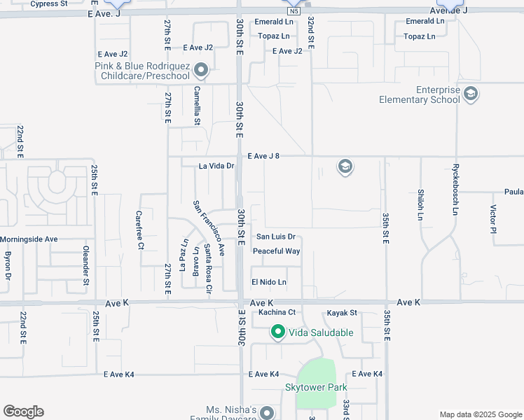 map of restaurants, bars, coffee shops, grocery stores, and more near 3038 San Ramon Drive in Lancaster