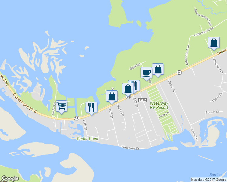 map of restaurants, bars, coffee shops, grocery stores, and more near 125 Odum Street in Swansboro