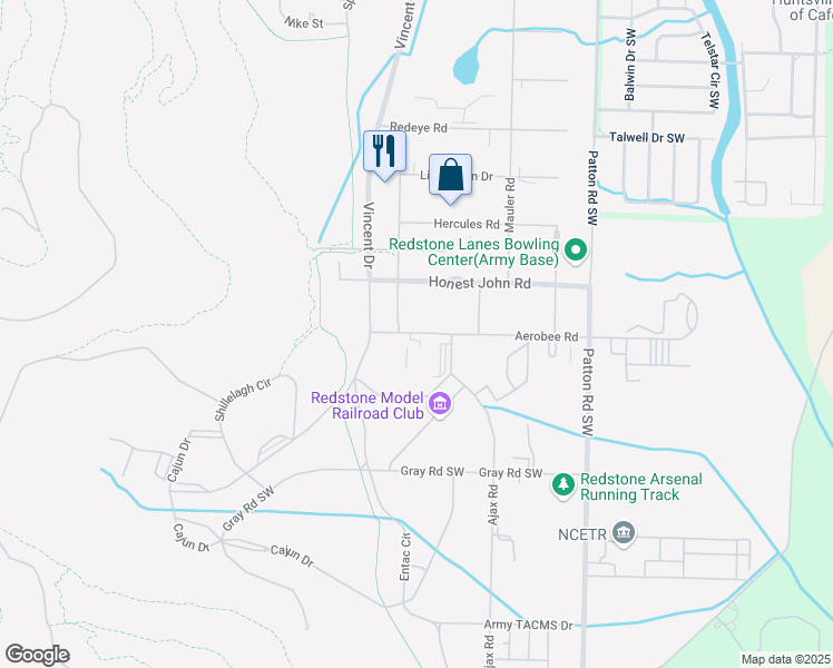 map of restaurants, bars, coffee shops, grocery stores, and more near Aerobee Road in Huntsville