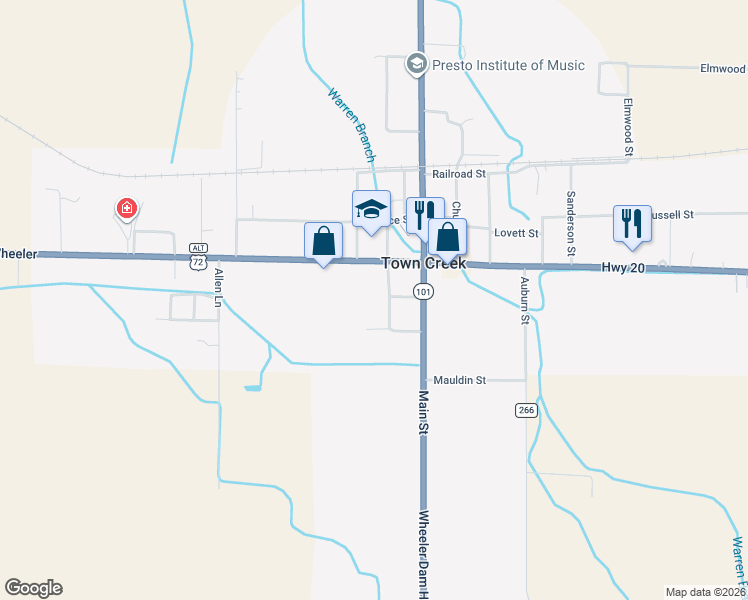 map of restaurants, bars, coffee shops, grocery stores, and more near 137 College Street in Town Creek