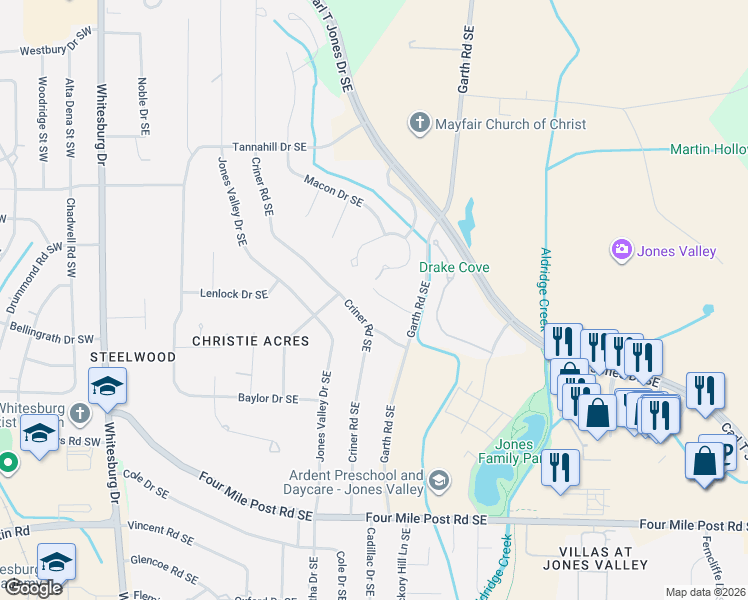 map of restaurants, bars, coffee shops, grocery stores, and more near 928 Whiting Drive Southeast in Huntsville